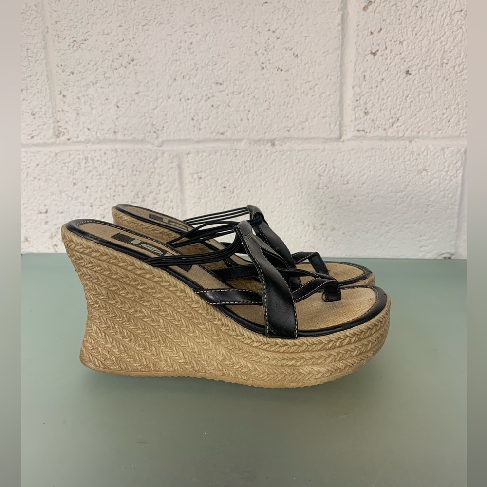 LEI Vintage Y2K Strappy Wedge Sandals Black Faux Leather - Picture 2 of 7